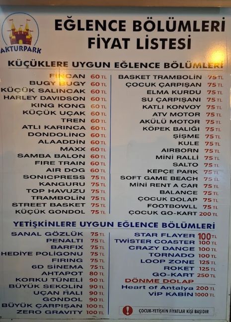 antalya lunapark fiyat listesi