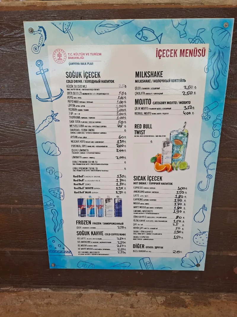 Çamyuva Halk Plajı içecek menüsü ve 2026 fiyat listesi