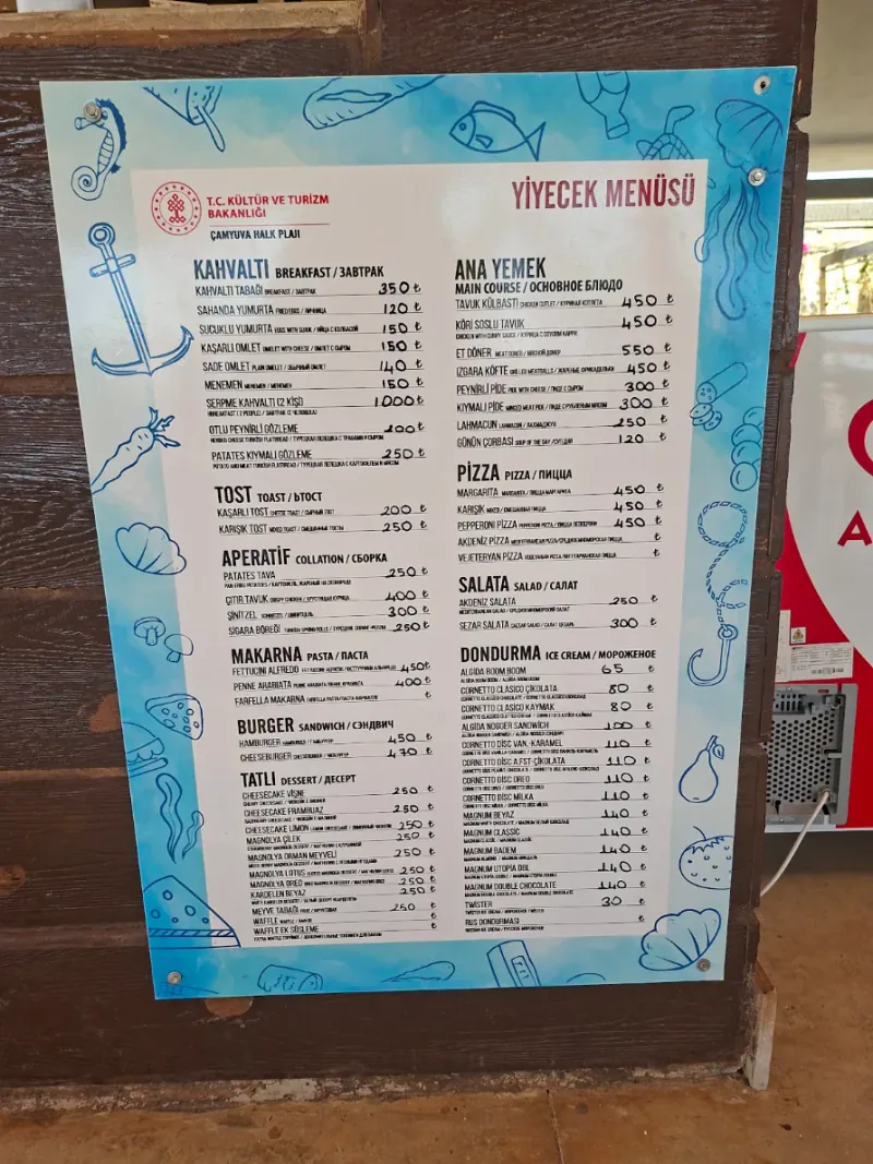 Çamyuva Halk Plajı yiyecek menüsü ve 2026 fiyat listesi